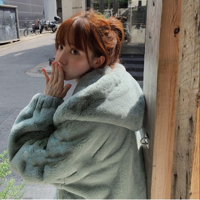 Veste Zippée en Fausse Fourrure Blanche à Capuche