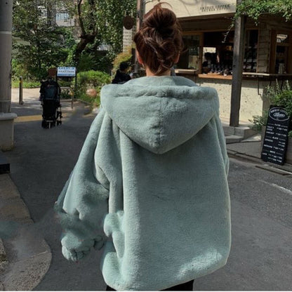Veste Zippée en Fausse Fourrure Blanche à Capuche