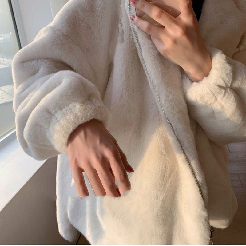 Veste Zippée en Fausse Fourrure Blanche à Capuche