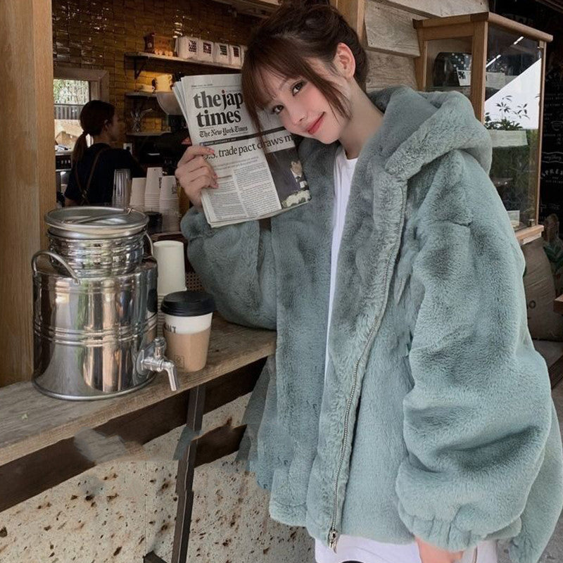 Veste Zippée en Fausse Fourrure Blanche à Capuche