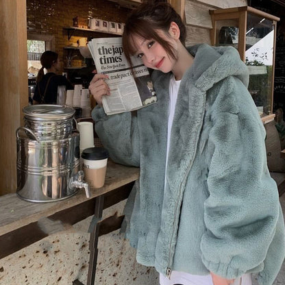 Veste Zippée en Fausse Fourrure Blanche à Capuche