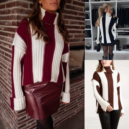 Pull patchwork élégant à col roulé pour femme