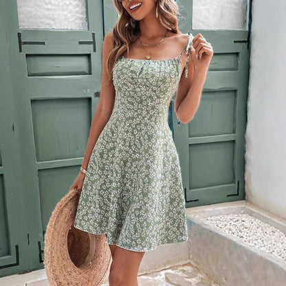 Robe Courte Verte à Bretelles Nouées et Imprimé Floral