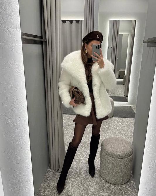 Veste Courte en Fausse Fourrure Luxueuse Beige